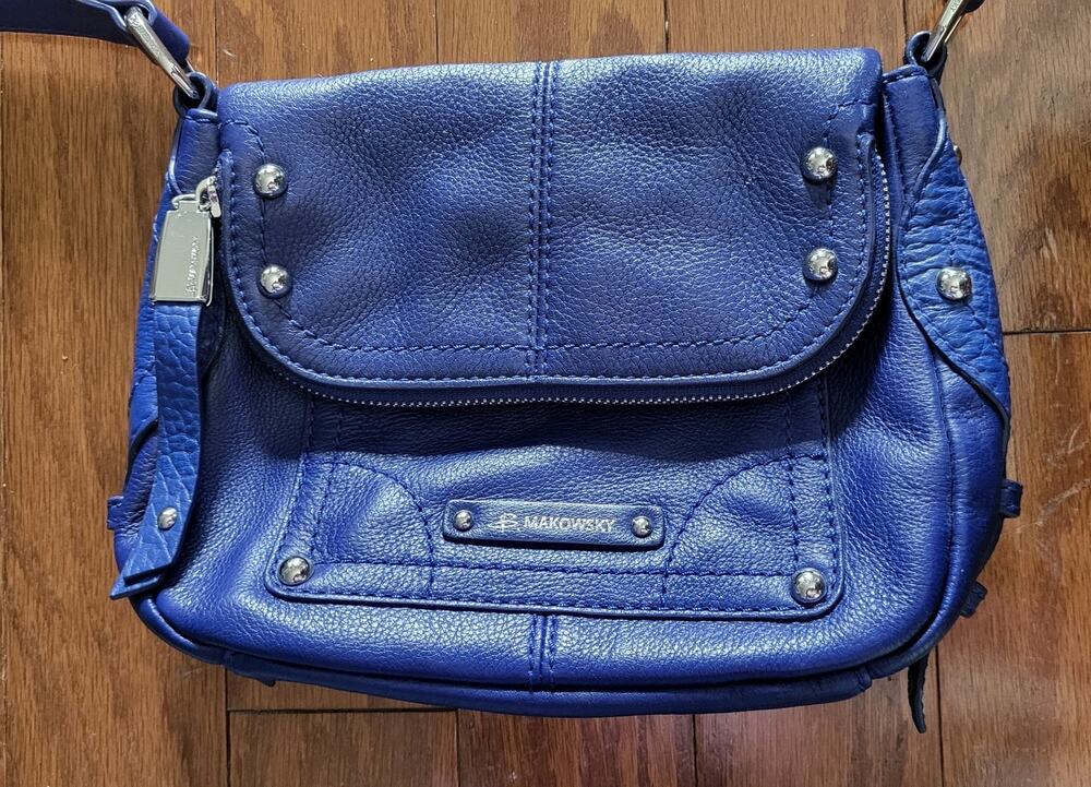 B. Makowsky Leather Bag Purse Blue Cross Body Shoulder Strap Silver Studs